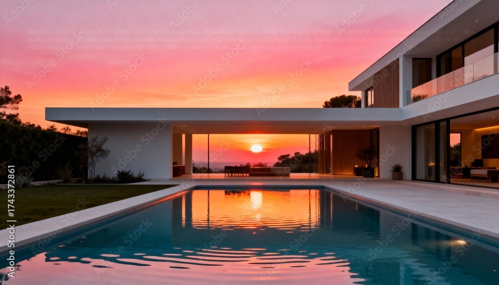 Obraz premium Modern villa with infinity pool and ocean sunset reflection 