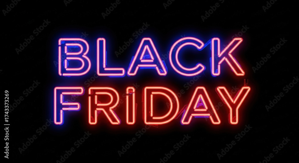 Obraz premium Black friday neon sign with glowing red and blue letters on a black background