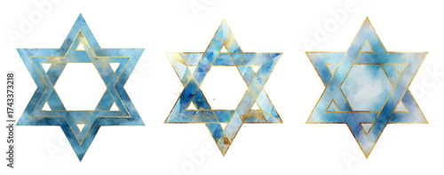 Watercolor set of Star of David symbols. Watercolor stars of David with golden frames. Jewish-Israeli regional symbol. Elements for Jewish holidays Hanukkah, Shabbat and others. Vector illustration.