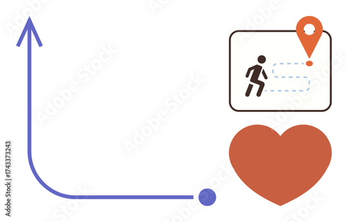 Upward arrow, heart shape, and map with location pin and dashed path representing fitness goals, progress, and journey. Ideal for growth, motivation, health, progress tracking goal setting