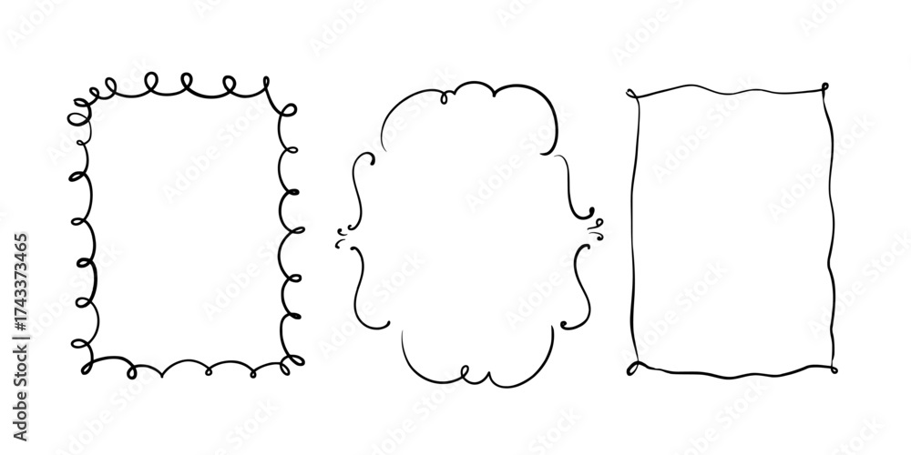 Fototapeta premium Set of whimsical decorative frames in quick vector sketch style. Elegant line art illustration, perfect for invitations, cards, journals, packaging, social media templates, wedding and vintage designs