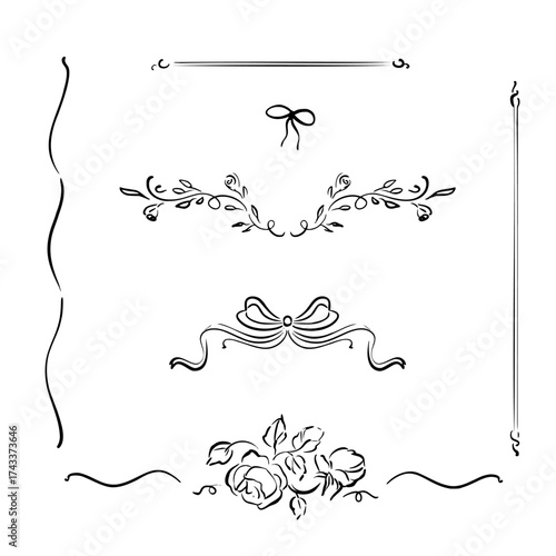 Set of vintage decorative ornaments, page dividers and frame elements in vector line art. Elegant curls, bows and flowers. Whimsical quick sketch style illustration for book design, invitations