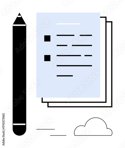 Pencil beside stacked papers with a checklist and abstract cloud. Ideal for productivity, organization, planning, efficiency, workflow, task tracking, simple flat metaphor