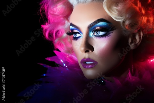 Drag queen wearing colorful makeup and feather boa looking away from camera