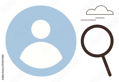 Magnifying glass near user profile icon with clouds above. Ideal for personal search, job hunt, networking, research, exploration, recruitment, identity discovery. Simple flat metaphor