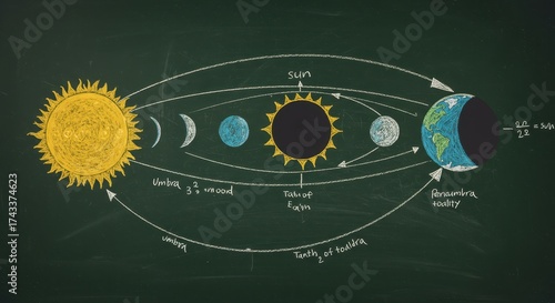 A diagram on a chalkboard illustrating the concept of a solar eclipse, featuring the sun, earth, and moon in different phases, with labeled explanations and a mathematical equation presented in a...