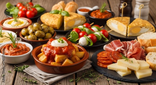 Close up of various spanish tapas served on rustic wooden table, featuring patatas bravas. Concept for catering service, food photography, and restaurant menu design