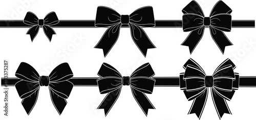 Bow silhouette vector set, black ribbon illustration, decorative gift wrap design, fashion accessory icon, festive graphic, isolated elements