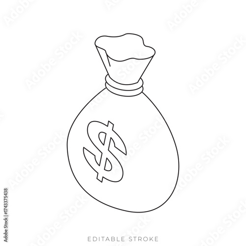 Isometric Money Bag Outline Vector for Financial Success and Business Profit Concept
