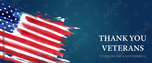 Grunge artistic American flag with the text 'Thank you veterans' on a blue background, honoring those who served. Veteran's day concept.