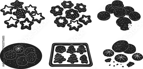 Cartoon cookie illustration set, star, flower, round, tree shapes, baking tray, plate, crumbs, festive dessert clipart, sweet snack