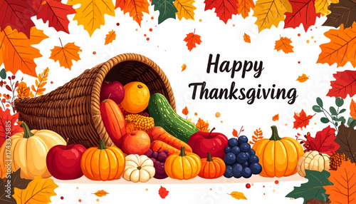 A vibrant illustration of a Thanksgiving cornucopia overflowing with autumn harvest fruits and vegetables.