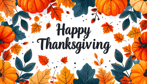 Festive "Happy Thanksgiving" greeting framed by vibrant autumn pumpkins and colorful falling leaves, evoking a warm harvest celebration.
