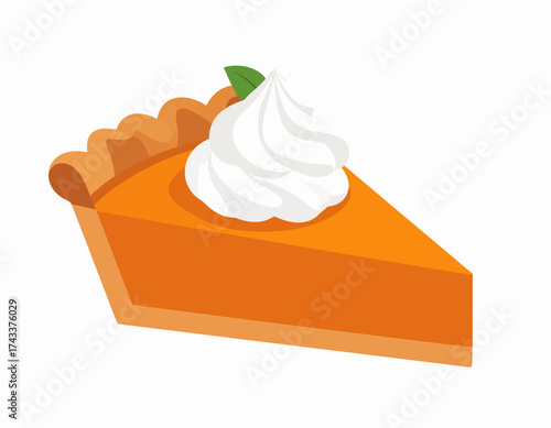 A single slice of pumpkin pie, topped with whipped cream and a green leaf.