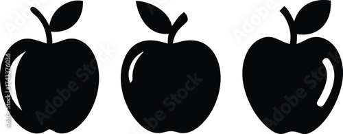 Black apple icons, apple silhouettes, apple outlines, monochrome apples, minimalist apple symbols, flat apple graphics, graphic design apples
