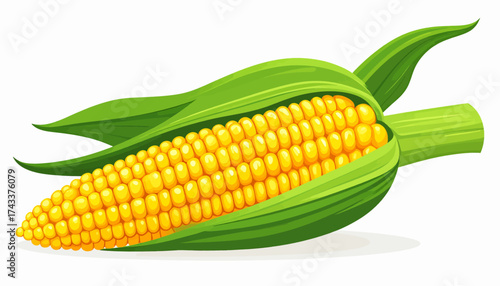 A vibrant, ripe ear of yellow corn, partially husked, revealing its golden kernels and topped with fresh green leaves.