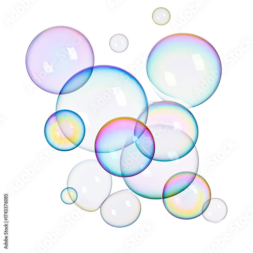 A cluster of translucent, iridescent soap bubbles against a stark black background