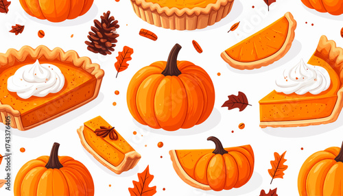 A vibrant autumn pattern featuring various orange pumpkins, delicious pumpkin pies with whipped cream, fallen leaves, and pinecones on a white background.
