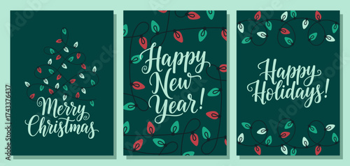 Set of winter holiday greeting cards with Christmas Lights for invitations, gifts, and social media.