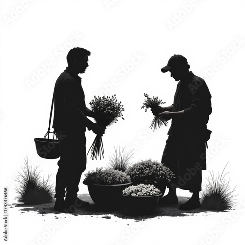 Harmony of Harvest: Two figures silhouette in a flower field, engaged in the art of collecting the bouquet of blooms, and embracing nature's artistry, capturing the dedication of gardeners.
