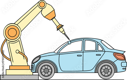 Industrial robotic arm painting blue car vector illustration