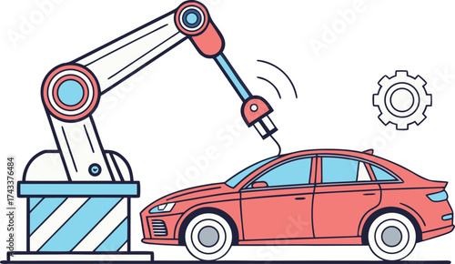 Robotic arm painting red sedan car in modern automotive factory