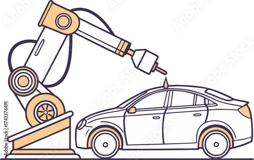 Vector robotic machine painting modern car outline illustration