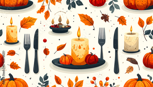 A festive autumnal table setting with glowing candles, miniature pumpkins, and colorful fall leaves, evoking a warm and cozy atmosphere for a holiday meal.