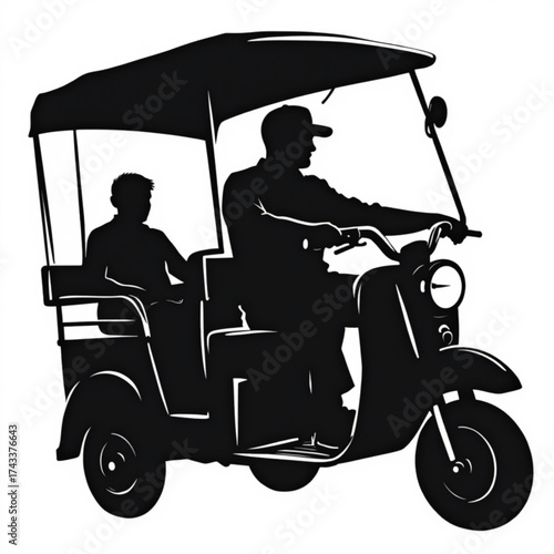 Tuk-Tuk Ride: A classic tuk-tuk silhouette with driver and passenger, navigating the streets. Capturing the essence of urban transit and the allure of travel.