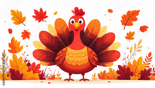 Cartoon turkey with colorful feathers stands amidst falling autumn leaves, celebrating the Thanksgiving season with a cheerful expression.