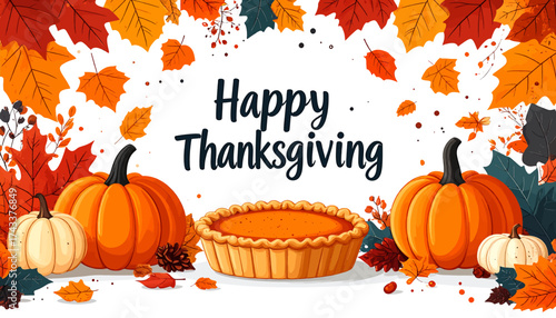 A festive Happy Thanksgiving greeting with a pumpkin pie, various pumpkins, and colorful falling autumn leaves.
