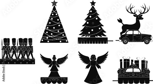 Christmas float vector, silhouette holiday icons, toy soldier parade, angel decoration, reindeer car design, festive tree ornament, gift box illustration