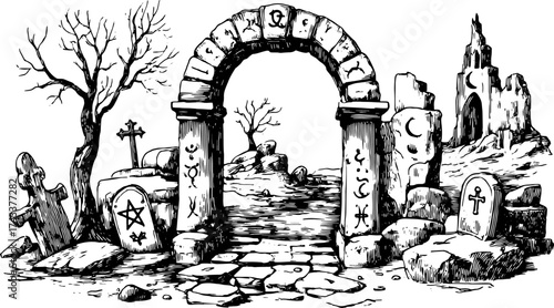 Vintage engraving of an arch with gravestones and a skeletal tree. This gothic scenery creates a mysterious atmosphere in this vector illustration set.