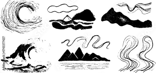 Illustration of wave and mountain shapes in a black and white set. A simple vector design capturing abstract nature elements, including clouds and lines.