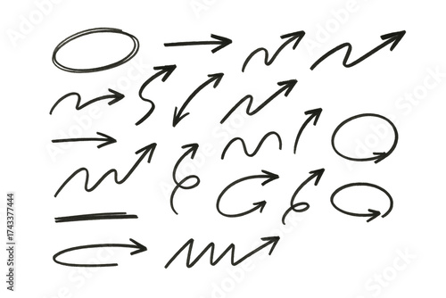 Hand-drawn black arrows and circular shapes in sketch style, isolated on white background, for design layout and creative direction concept. Ai generative