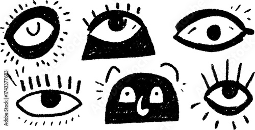 Black eye illustrations in a simple hand-drawn style. Set of unique vector graphics depicting various expressions and shapes.