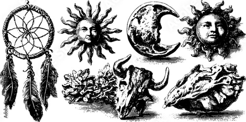 Dreamcatcher, sun, and moon silhouette engraving set. Vintage illustration featuring a skull, feathers, and shell in a hand-drawn vector format.