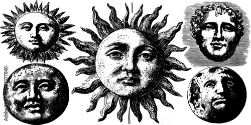 Vintage engraving of sun and moon faces. Hand-drawn outline in black, decorative elements in a set for illustration or graphic design, vector style.