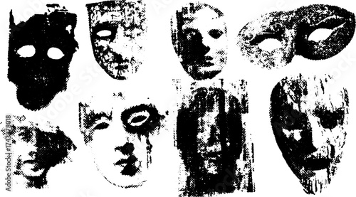 Set of black and white mask illustrations in artistic style. Unique graphic designs featuring textures and concepts, showcased in a monochrome vector format.