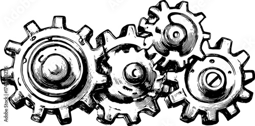 Gears and cogs in vintage line drawing style. Mechanical illustration in black and white vector format, part of a detailed set.