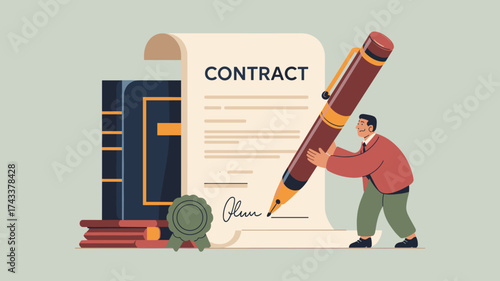 man holding pen signing contract, vector illustration for legal documents and business agreements