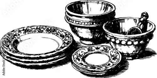 Vintage crockery set featuring plates and bowls in line drawing style. Decorative vector illustration with intricate details.