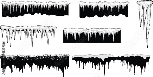Icicle vector set, snow formation design, winter silhouette illustration, frozen drip shapes, rooftop edge frost, seasonal cold weather element