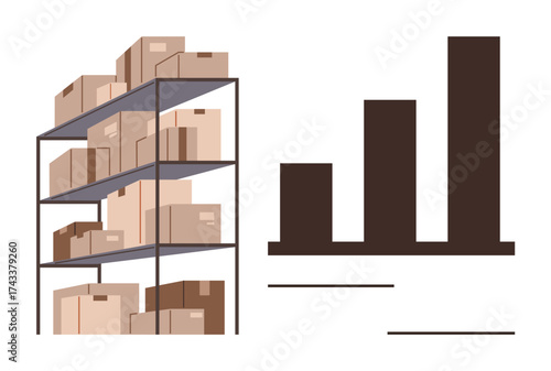 Metal shelves filled with boxes of different sizes alongside a bar chart. Ideal for logistics, inventory management, data analysis, supply chain, e-commerce, business growth, storage planning. Simple