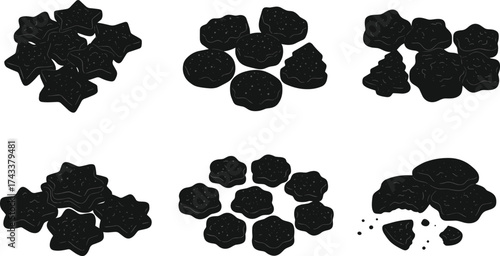 Monochrome cookie illustration set, star, round, flower shapes, crumb texture, graphic dessert icons, baking clipart, stylized snack design