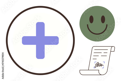 Blue cross in a circle, happy green happy face, signed document. Ideal for healthcare, wellness, agreement, positivity, mental health, success and trust themes simple flat metaphor