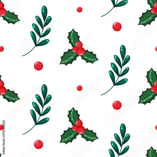 Holly Leaves and Green Branches Seamless Pattern