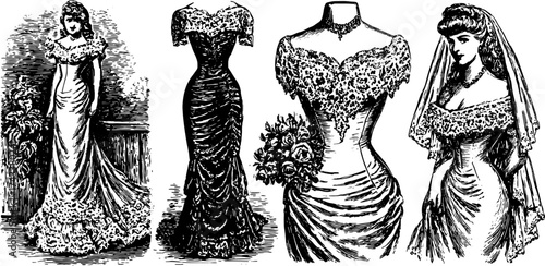 Antique engravings of elegant dresses. Hand-drawn fashion illustrations showcasing vintage lace and design details in a beautiful vector set.