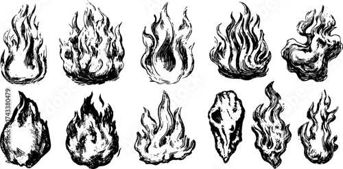 Illustration of various hand-drawn flames in silhouette style. A vintage engraving set showcasing intricate details and dynamic shapes in vector format.