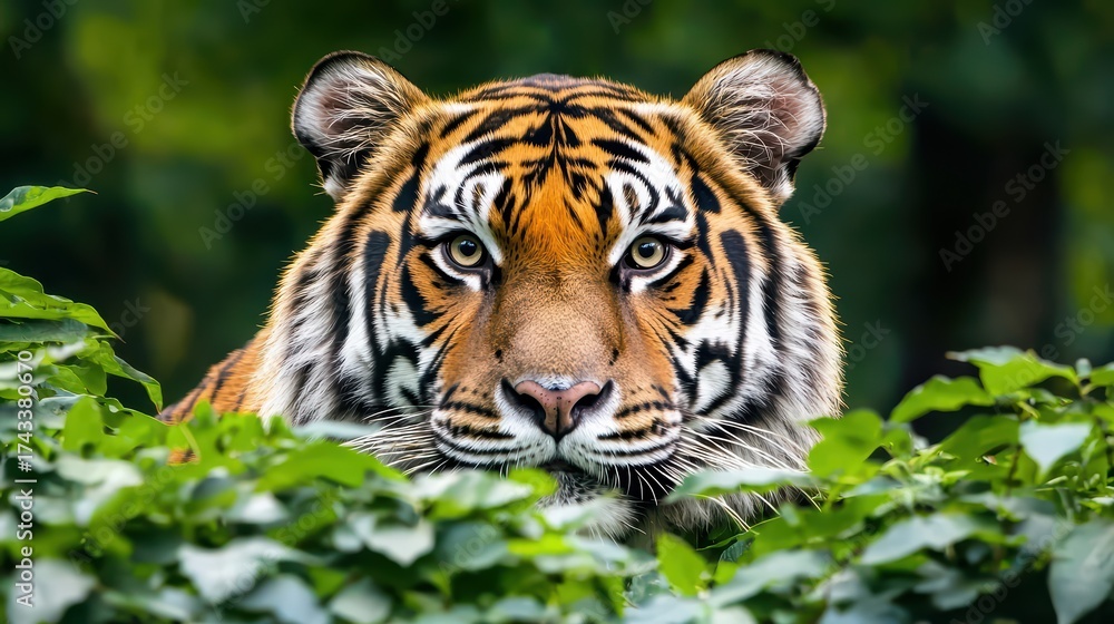 Fototapeta premium Majestic Tiger Approaching Through Lush Green Foliage in Natural Habitat, Close-Up Portrait of a Powerful Predator